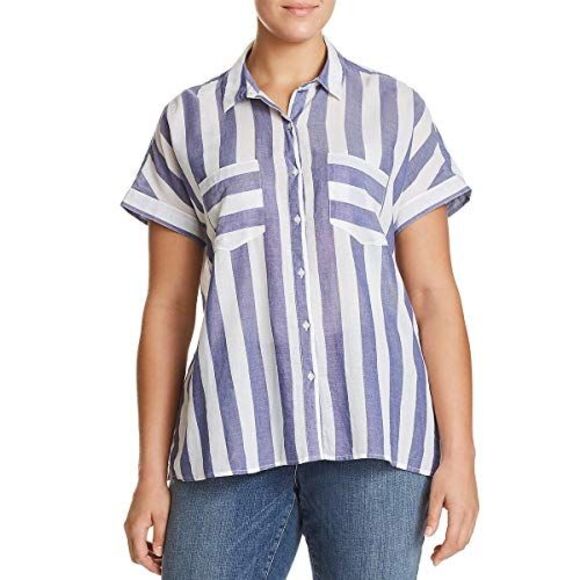 Trendy Plus Size Tie-Back Shirt Blue Multi 1X - Picture 1 of 1
